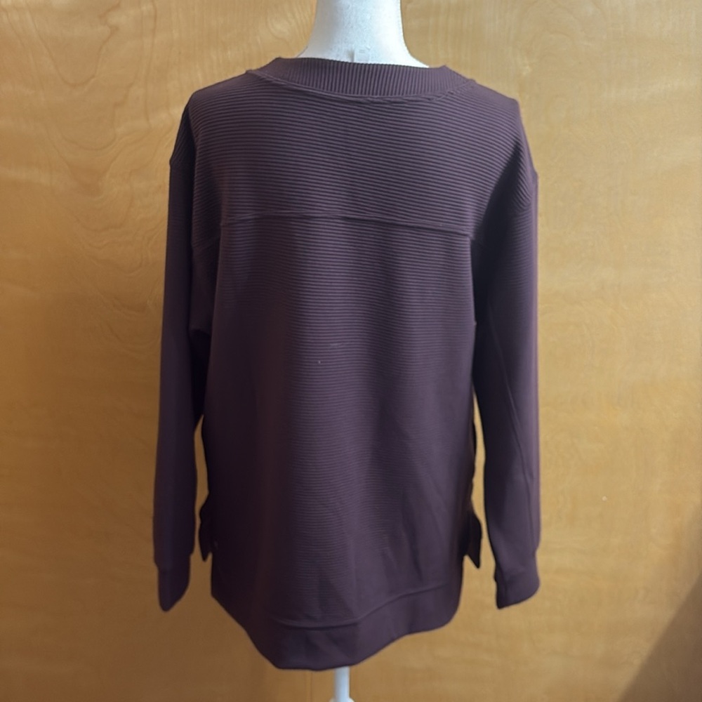 Zella Dark Purple Ribbed Pullover Sweatshirt Oversized S With Side Slits - Picture 8 of 12